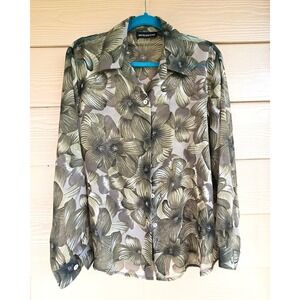 Vintage Tropical Travel Beach Impressions Sheer Floral Green Top Sz L